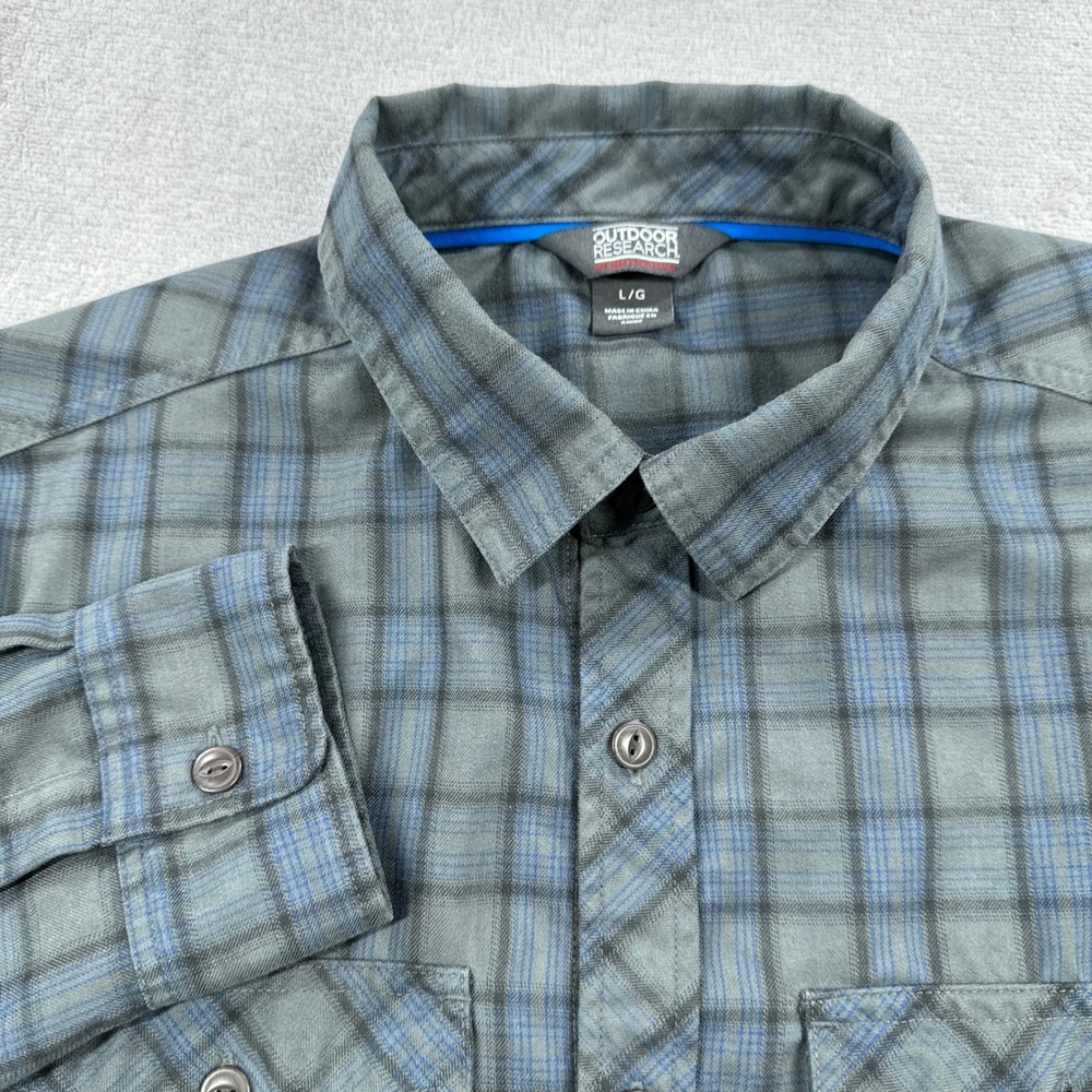 Outdoor Research Plaid Shirt Mens Large Grey Blue Long Sleeve Button Up Hiking